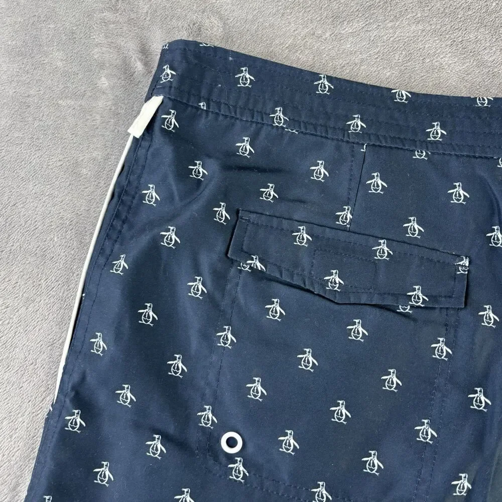 Penguin Swim Trunks Men's 38 Volley 6” Shorts Lined‎ Blue All Over Print Logo